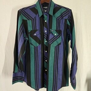 Vtg Wrangler Shirt Mens 17-35 Prpl Green Black Long Sleeve Pearl Snap Rockabilly